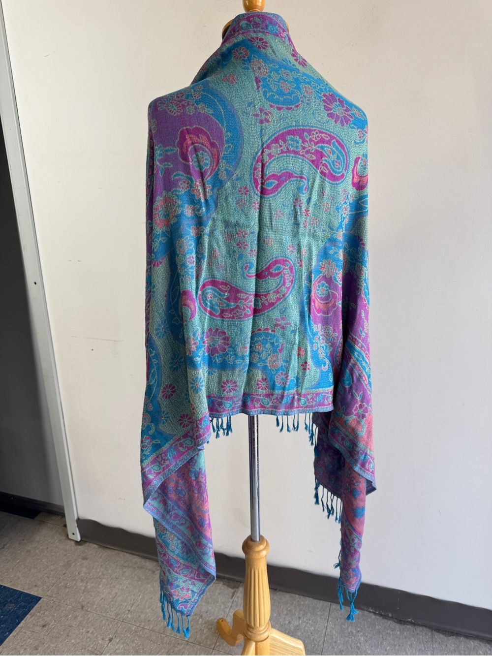 Pashmina Silk Paisley Scarf Turquoise Pink One Size Boho Fringe Festival Wrap